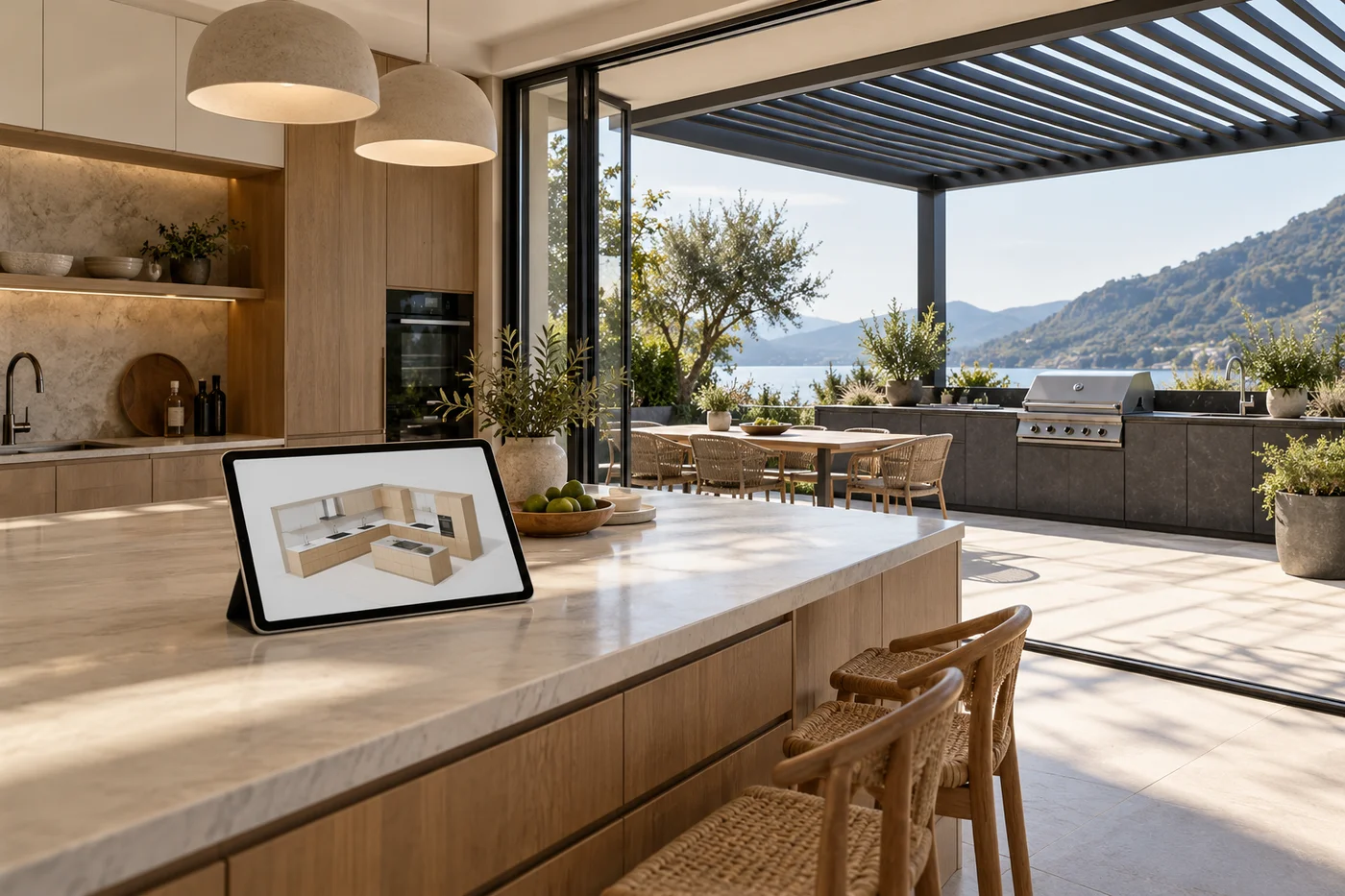 KI-generierte Illustration einer Innenküche mit Tablet und Blick auf eine Outdoorküche unter einer Pergola.