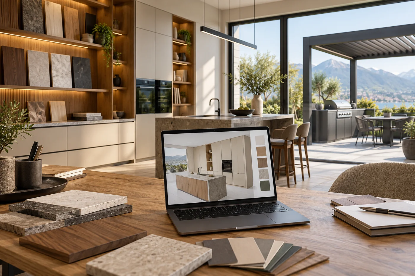 KI-generierte Illustration eines Küchenstudios mit Laptop zur 3D-Küchenplanung und Blick auf eine Outdoorküche unter einer Pergola.